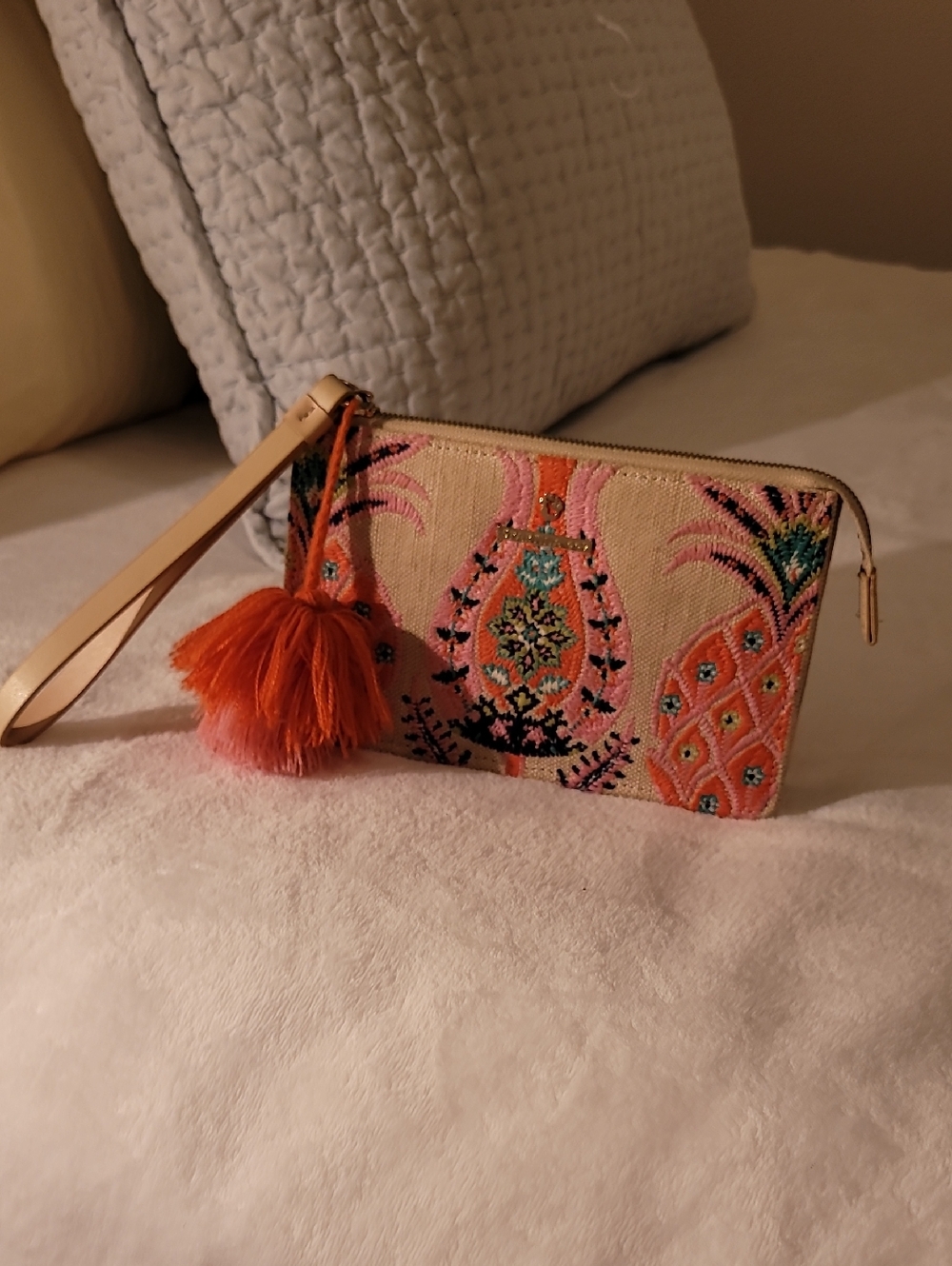 Spartina 449 Embroidered Pink and Orange Wristlet with Tassel